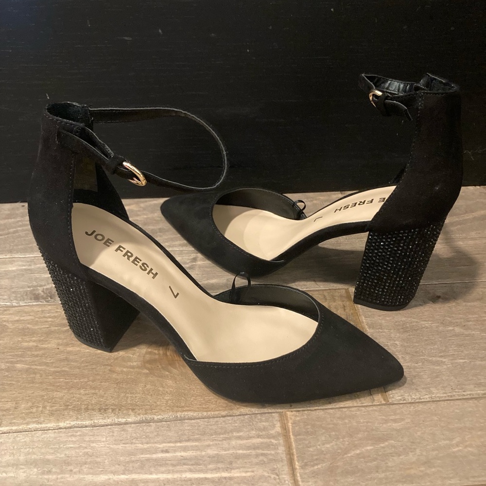Joe Fresh Black Pointed-Toe Ankle-Strap Block Heels with Embellished Heel
